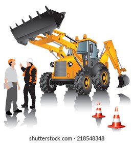 Excavator and workers isolated on white background. Vector illustration.