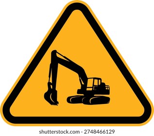 Excavator working area warning sign with digging machine icon. Construction equipment hazard symbol for worksite safety. Yellow triangular warning signage isolated on white background. Vector illustration.