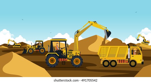 Excavator working at a mound of earth and sand.