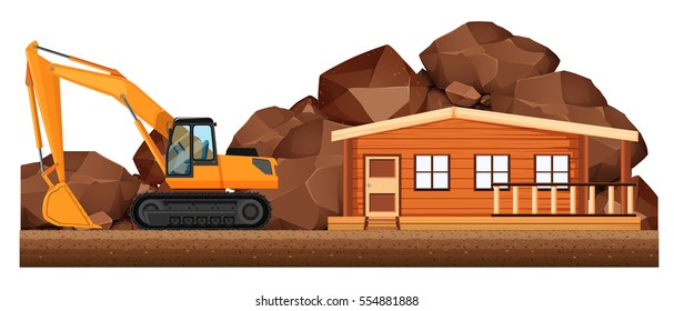 Excavator working on house construction site illustration