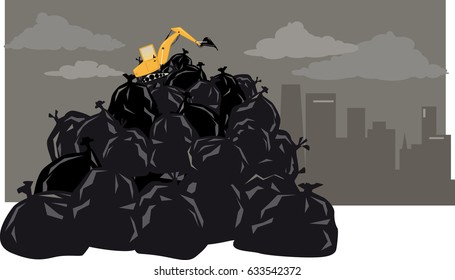 Excavator working on a top of a gigantic pile of trash in a landfill, city skyline on the background, EPS 8 vector illustration