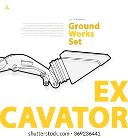 Excavator - yellow and orange typography set of ground works machines vehicles on white. Construction equipment for building. Master vector illustration. Truck, Digger, Crane, Forklift, Roller