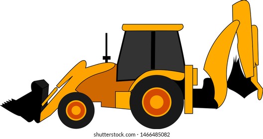Excavator yellow tractor, illustration, vector on white background.