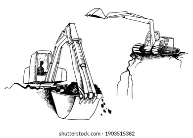 Excavators for construction company. Digger moving with raised shovel during soil moving works. Excavator with bucket front. Construction site. Backhoe hand drawn illustration vector.