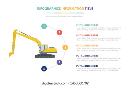 excavators infographic template concept with five points list and various color with clean modern white background - vector
