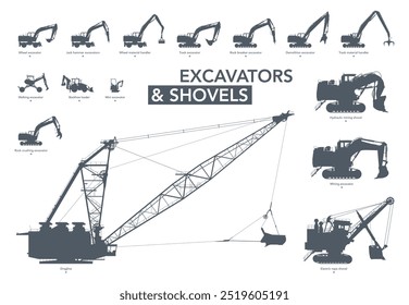 Excavators and shovels icon set. Digging machines silhouette on white. Vector illustration