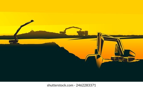 Excavators work on ground at construction site.The industrial machinery for construction business design elements. 