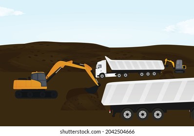 Las excavadoras trabajan en el terreno. vector
