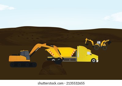 Excavators work on ground field. vector