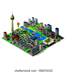 Exceedingly big isometric city. Construction, stadium, skyscrapers. Map includes beach, tower, river, bridges, business centers, lighthouse, offices, hotel, amusement park, cars, parkings, markings.