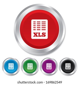 Excel file document icon. Download xls button. XLS file symbol. Round metallic buttons. Vector