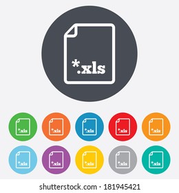 Excel file document icon. Download xls button. XLS file extension symbol. Round colourful 11 buttons. Vector
