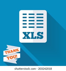 Excel file document icon. Download xls button. XLS file symbol. White flat icon with long shadow. Paper ribbon label with Thank you text. Vector