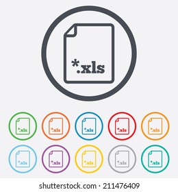 Excel file document icon. Download xls button. XLS file extension symbol. Round circle buttons with frame. Vector