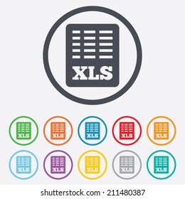 Excel file document icon. Download xls button. XLS file symbol. Round circle buttons with frame. Vector