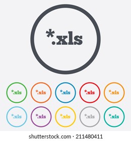 Excel file document icon. Download xls button. XLS file extension symbol. Round circle buttons with frame. Vector