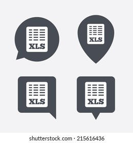 Excel file document icon. Download xls button. XLS file symbol. Map pointers information buttons. Speech bubbles with icons. Vector