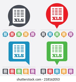 Excel file document icon. Download xls button. XLS file symbol. Speech bubbles information icons. 24 colored buttons. Vector
