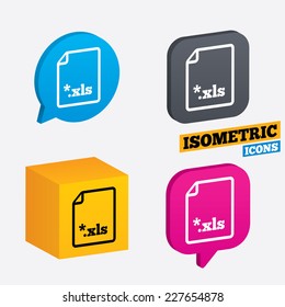 Excel file document icon. Download xls button. XLS file extension symbol. Isometric speech bubbles and cube. Rotated icons with edges. Vector