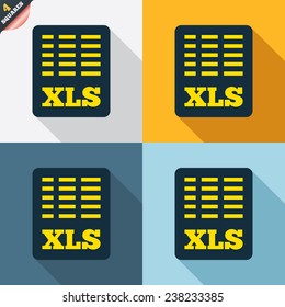Excel file document icon. Download xls button. XLS file symbol. Four squares. Colored Flat design buttons. Vector