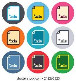 Excel file document icon. Download xls button. XLS file extension symbol. Colored round buttons. Flat design circle icons set. Vector