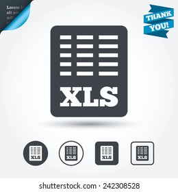 Excel file document icon. Download xls button. XLS file symbol. Circle and square buttons. Flat design set. Thank you ribbon. Vector