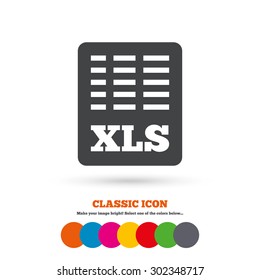 Excel file document icon. Download xls button. XLS file symbol. Classic flat icon. Colored circles. Vector