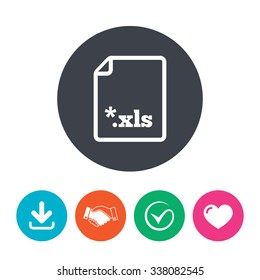 Excel file document icon. Download xls button. XLS file extension symbol. Download arrow, handshake, tick and heart. Flat circle buttons.