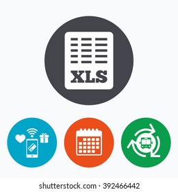 Excel file document icon. Download xls button. XLS file symbol. Mobile payments, calendar and wifi icons. Bus shuttle.