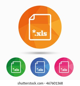 Excel file document icon. Download xls button. XLS file extension symbol. Triangular low poly button with flat icon. Vector