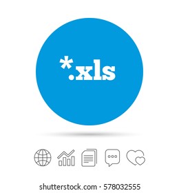 Excel file document icon. Download xls button. XLS file extension symbol. Copy files, chat speech bubble and chart web icons. Vector