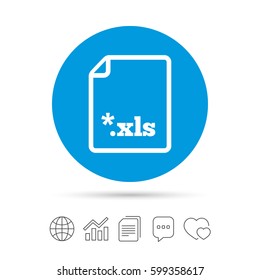 Excel file document icon. Download xls button. XLS file extension symbol. Copy files, chat speech bubble and chart web icons. Vector