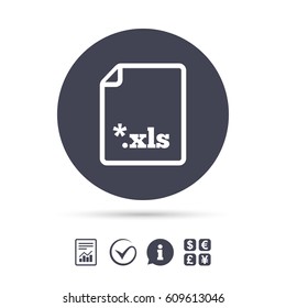 Excel file document icon. Download xls button. XLS file extension symbol. Report document, information and check tick icons. Currency exchange. Vector