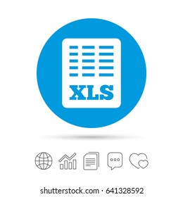 Excel file document icon. Download xls button. XLS file symbol. Copy files, chat speech bubble and chart web icons. Vector