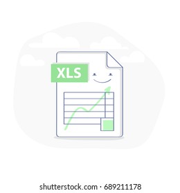 Excel file illustration icon, table with graph. Cute smiley XLS document in modern flat line style. Business template concept.