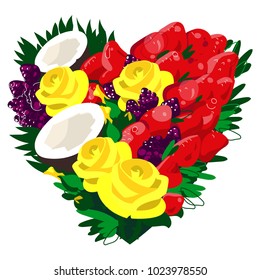 Excellant illustration with berries, fruits and flowers in form of hart.Perfact for use as a greetind capd on Valentines Day.