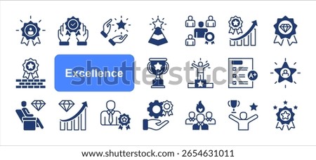 Excellence editable stroke icon set, with Superior, Exceptional, Quality, Performance, Achievement, Outstanding, Leadership.