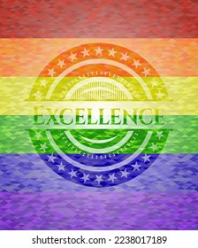 emblema de excelencia sobre fondo de mosaico con los colores de la bandera LGBT. 