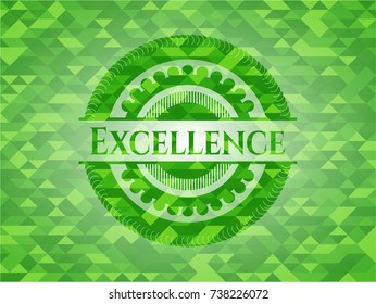 Excellence green emblem with triangle mosaic background