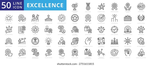 excellence icon set outline collection containing pinnacle, quality seal, victory laurel, skillful move, gold medal, grand prize, top choice, top performer, strong foundation, ribbon, high, peak, star