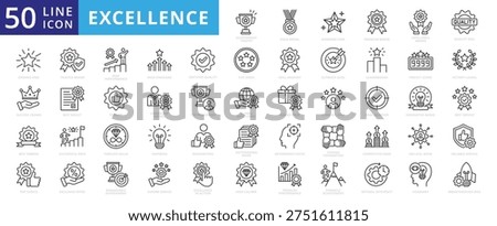excellence icon set outline collection containing pinnacle, quality seal, victory laurel, skillful move, gold medal, grand prize, top choice, top performer, strong foundation, ribbon, high, peak, star