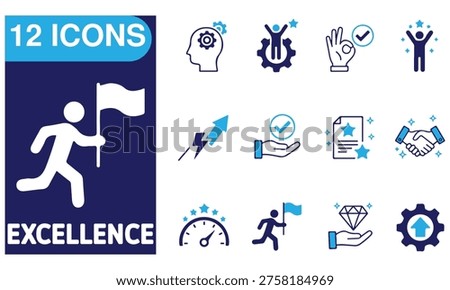  excellence icons featuring achievement flags, premium quality diamonds, performance gauges, success celebrations, certificates, and high-standard business symbols for corporate excellence.