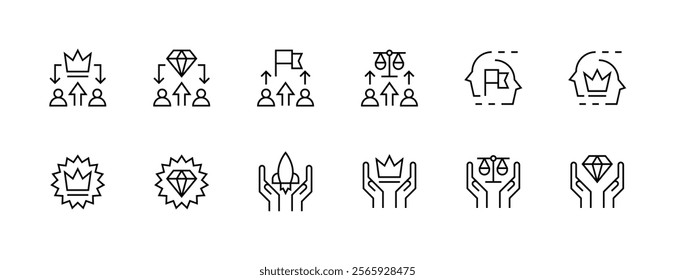 Excellence and progress icon collection. Competence, productivity, creativity, success, innovation, growth, achievement, experience and more. Editable stroke. Pixel Perfect. Grid base 32px.