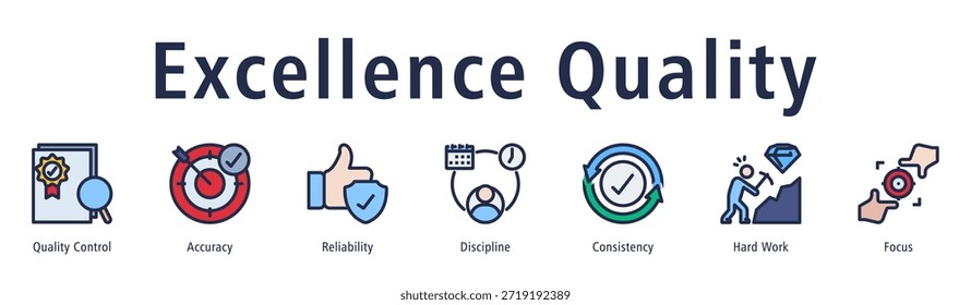 Símbolo de Vector de ícono de calidad de excelencia que representa precisión, control de calidad, confiabilidad, consistencia y mejoramiento continuo.