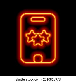 Excellence, shiny star, 5 rate. Orange neon style on black background. Light linear icon with editable stroke