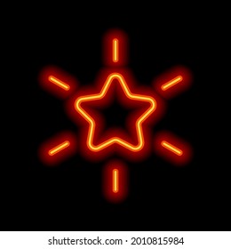 Excellence, shiny star, 5 rate. Orange neon style on black background. Light linear icon with editable stroke