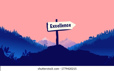 Excellence sign in nature pointing the way to become excellent. Forest,  mountain and landscape in background. Vector illustration.
