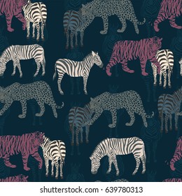 Excellent abstract composition from tropical animals. Wild night jungle leopard, tiger, zebra. Seamless Vector Pattern on a dark blue background