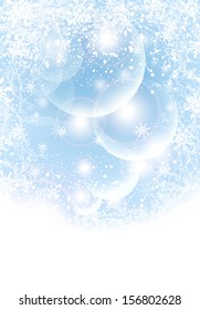 Excellent Abstract winter background with transparent balls,  light, blue color snowflakes for winter holidays sale, congratulation, invitation and other things