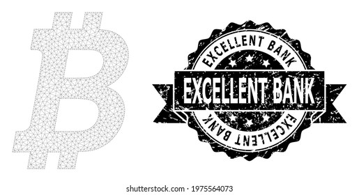 Excellent Bank rubber seal and vector bitcoin mesh model. Black stamp has Excellent Bank title inside ribbon and rosette. Abstract flat mesh bitcoin, built from flat mesh.